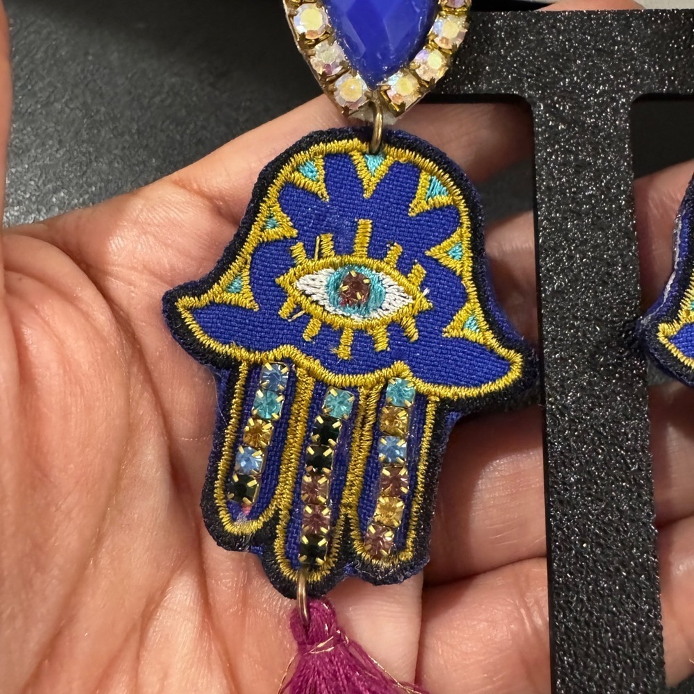 Handmade Hamsa Evil Eye Earrings Embroidered Blue Gold Crystal Tassel Dangles - Picture 3 of 5